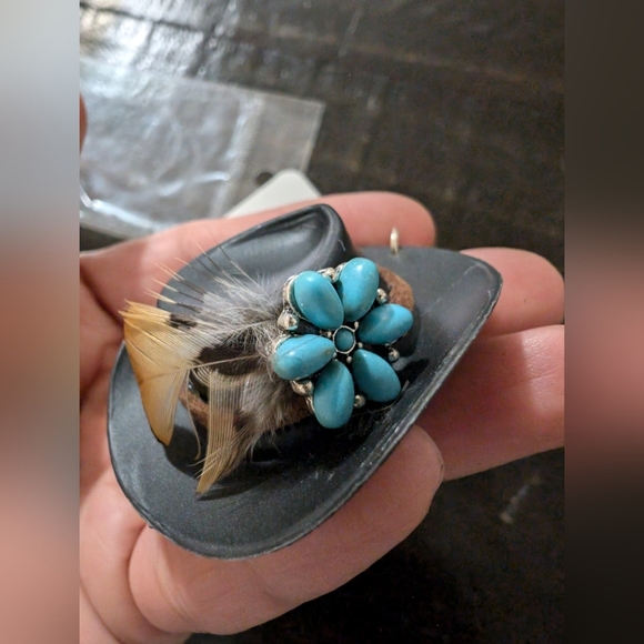 Black Mini Keychain Western Cowboy Hat Black and Turquoise Feather Key Holder - Picture 2 of 9